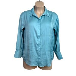 Large NEW Blue Satin Button Down Blouse Prologue Long Sleeve Silky Smooth Soft
